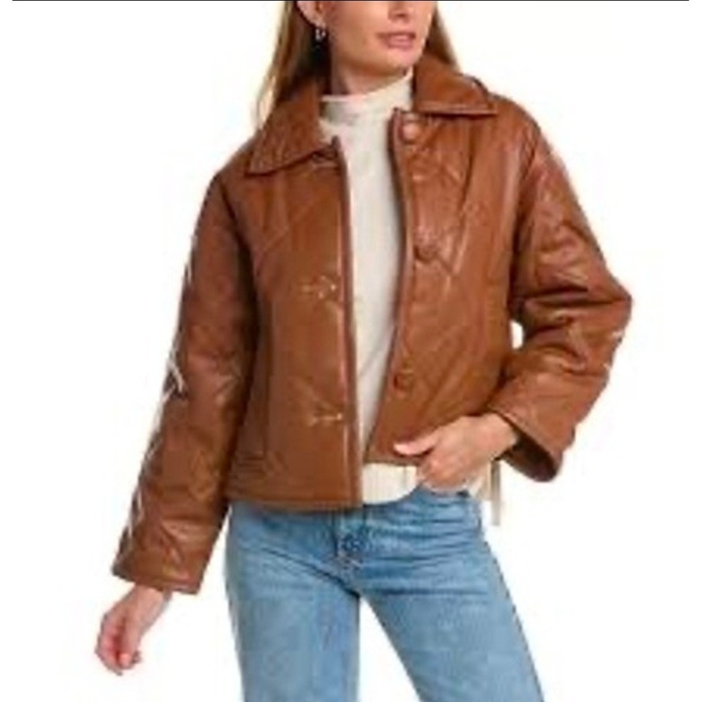 Elie Tahari Quilted Faux Leather Jacket Brown Cognac Button Front XS TP